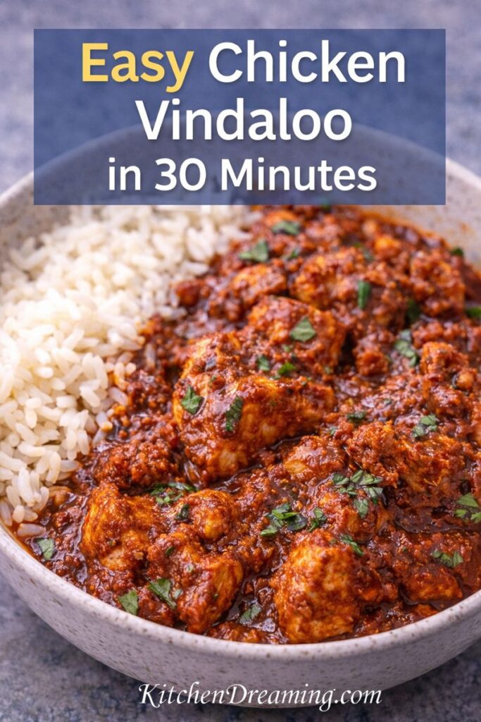 Easy chicken vindaloo recipe served with rice, a quick 30-minute Indian chicken curry for weeknight dinner.