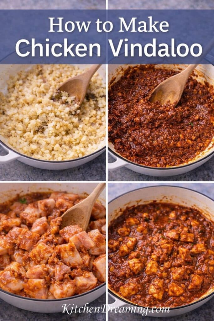 How to make chicken vindaloo, showing step-by-step cooking stages for an easy chicken vindaloo recipe.