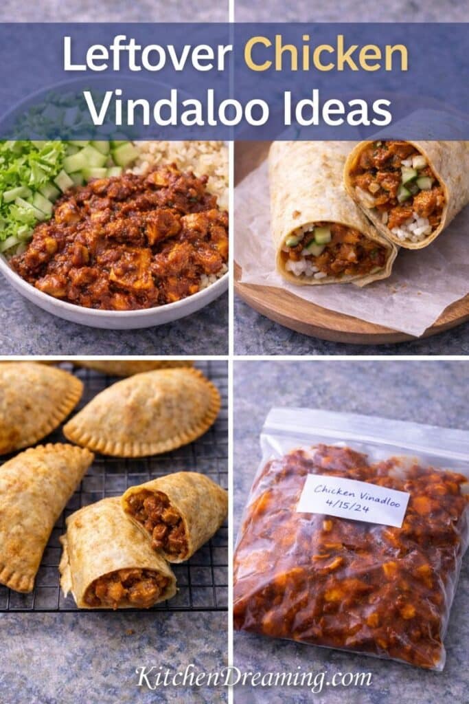 Leftover chicken vindaloo ideas showing ways to repurpose an easy chicken vindaloo recipe into wraps and bowls.