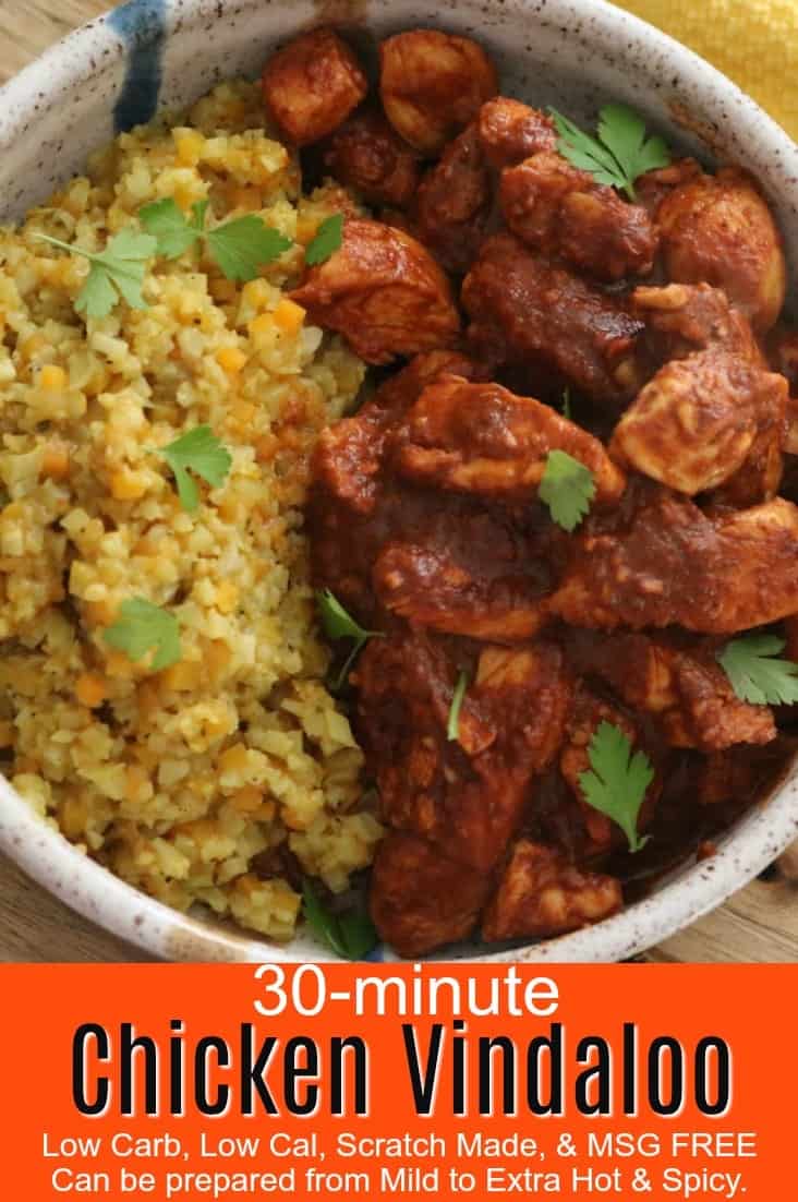 A bowl of chicken vindaloo with cauliflower rice