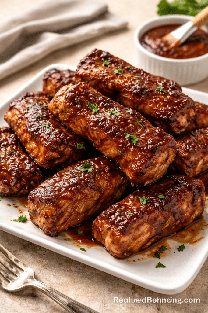 Oven baked country-style pork ribs on a platter, brushed with glossy barbecue sauce and sprinkled with parsley.