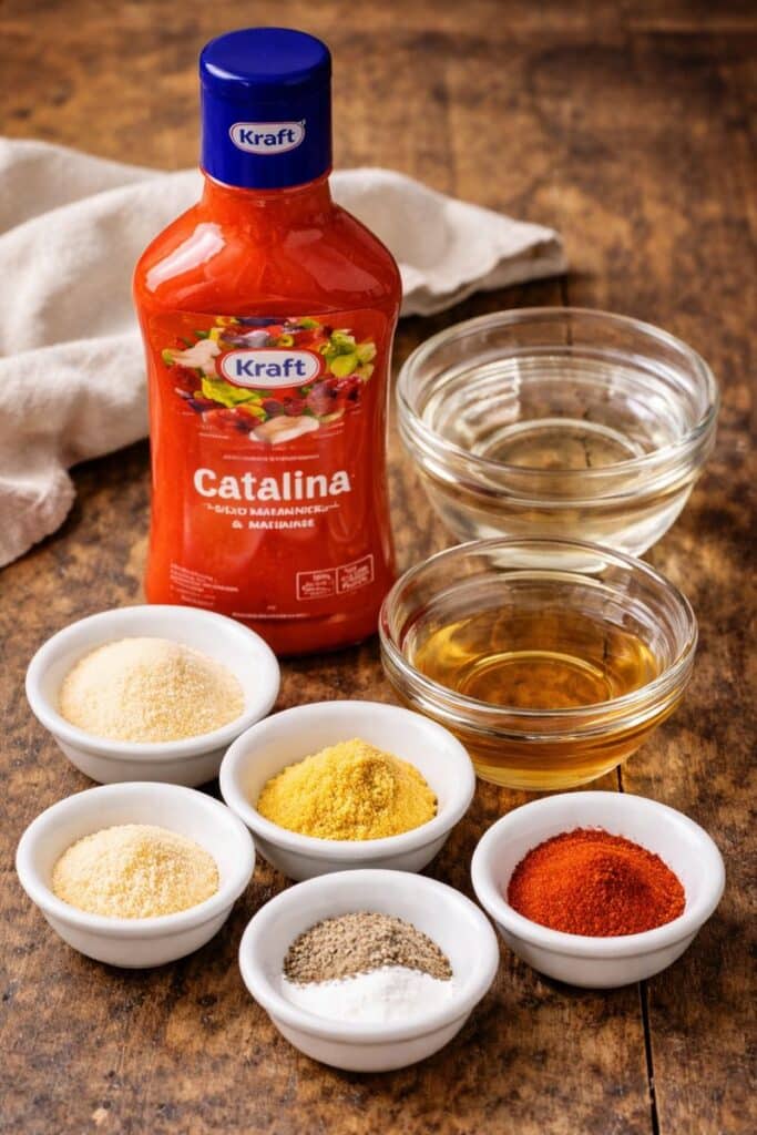 Chick-fil-A Polynesian sauce copycat ingredients arranged on a table, including Catalina dressing, corn syrup, vinegar, and spices in small bowls.