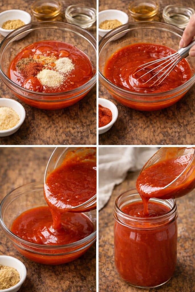Step-by-step collage making Chick-fil-A Polynesian sauce copycat: ingredients in a bowl, whisking until smooth, and pouring into a jar.
