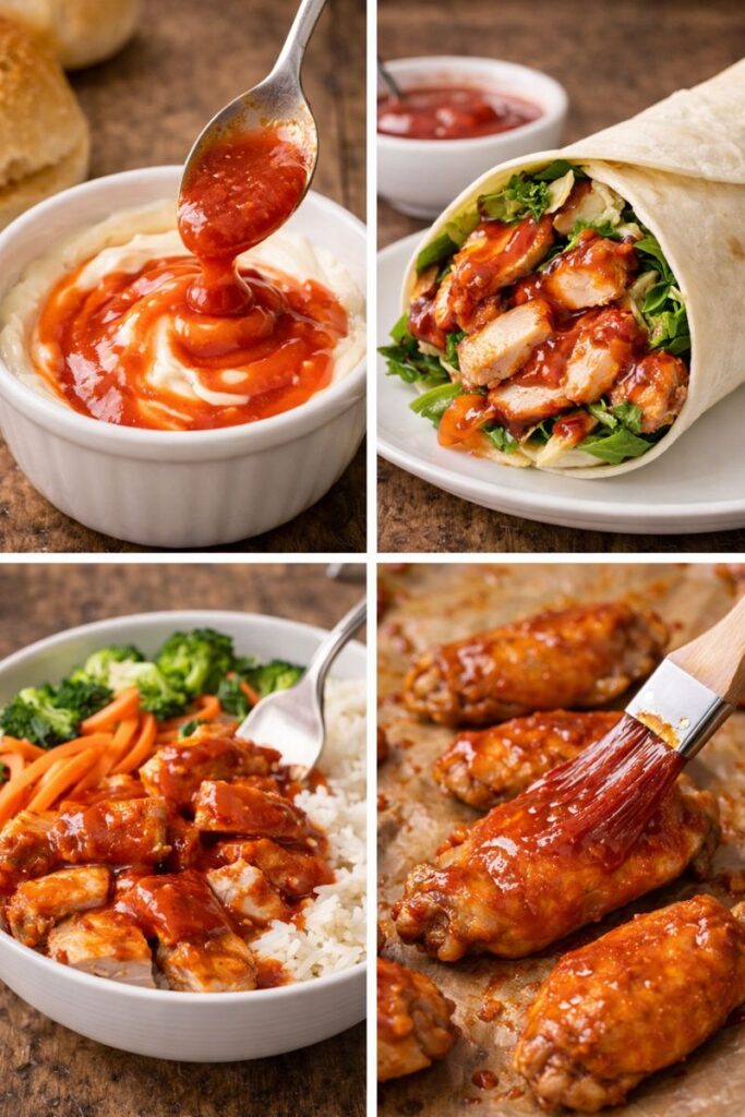 Collage of ways to use Chick-fil-A Polynesian sauce copycat: mixed into mayo, on wraps, over rice bowls, and brushed onto wings.