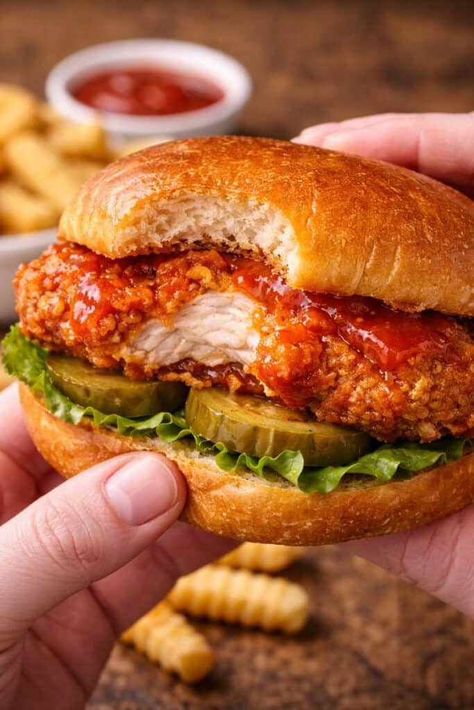 Close-up texture shot of Chick-fil-A Polynesian sauce copycat dripping from a spoon into a jar, with blurred nuggets and fries in the background.