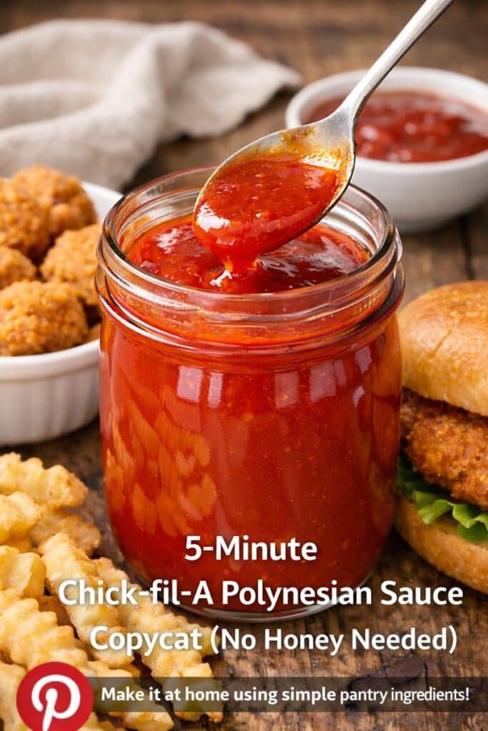Chick-fil-A Polynesian sauce copycat in a glass jar with a spoon, served with nuggets and fries on a rustic wooden surface.