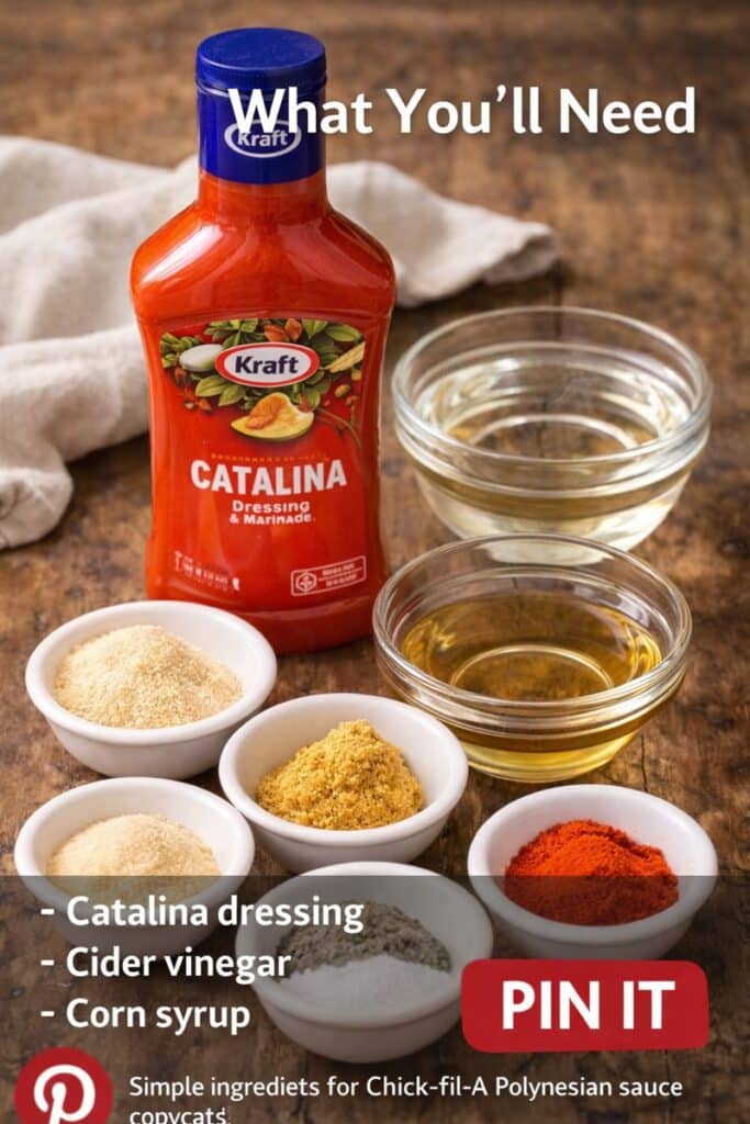 Chick-fil-A Polynesian sauce copycat ingredients arranged on a table, including Catalina dressing, corn syrup, vinegar, and spices in small bowls.