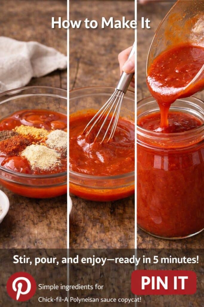 Step-by-step collage making Chick-fil-A Polynesian sauce copycat: ingredients in a bowl, whisking until smooth, and pouring into a jar.