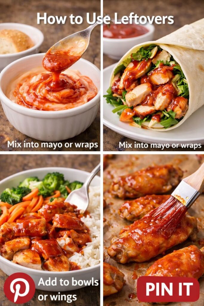 Collage of ways to use Chick-fil-A Polynesian sauce copycat: mixed into mayo, on wraps, over rice bowls, and brushed onto wings.