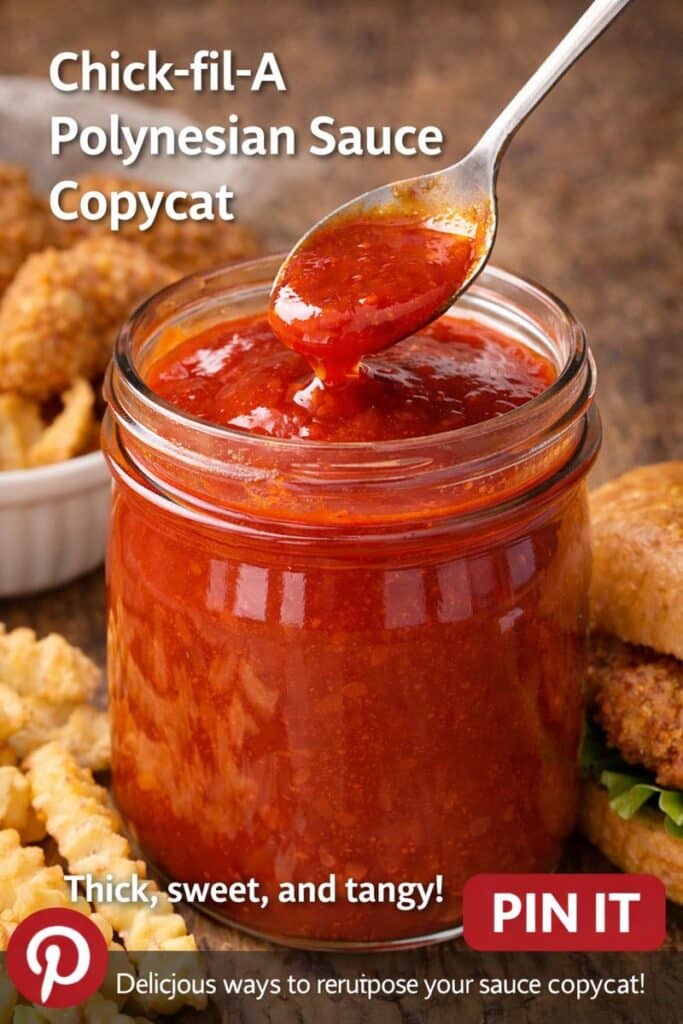 Close-up texture shot of Chick-fil-A Polynesian sauce copycat dripping from a spoon into a jar, with blurred nuggets and fries in the background.