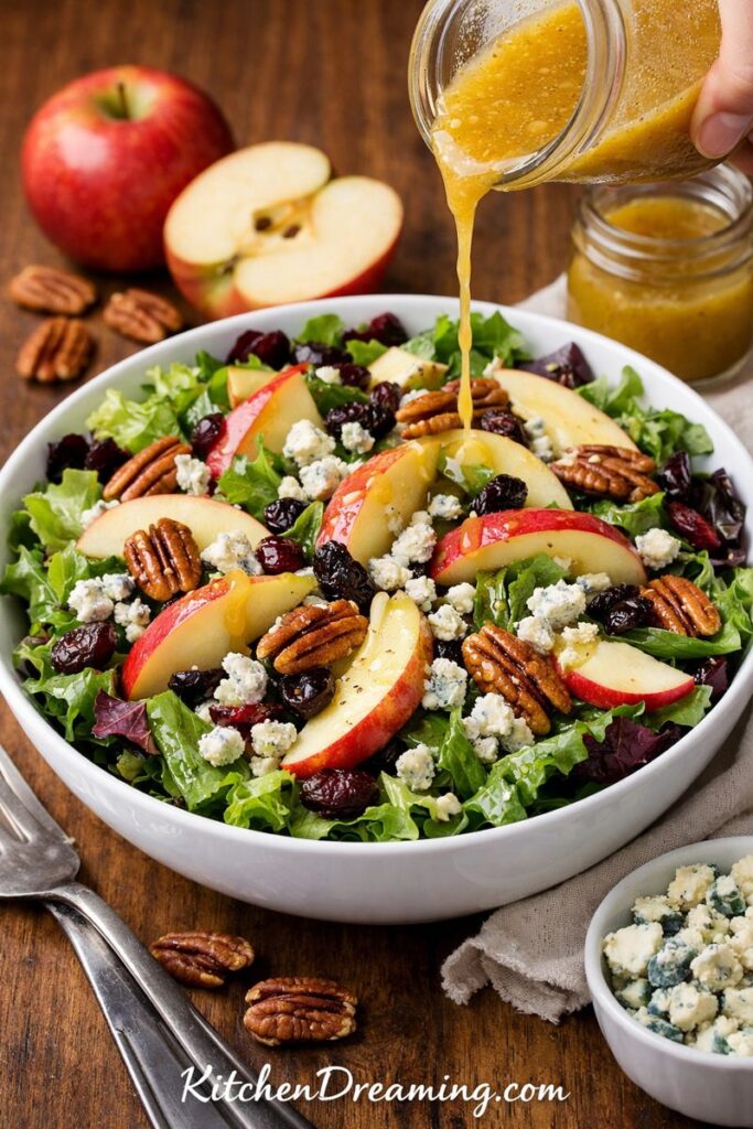 Apple vinaigrette salad with sliced apples, pecans, dried fruit, and blue cheese in a bowl, drizzled with apple cider vinaigrette.