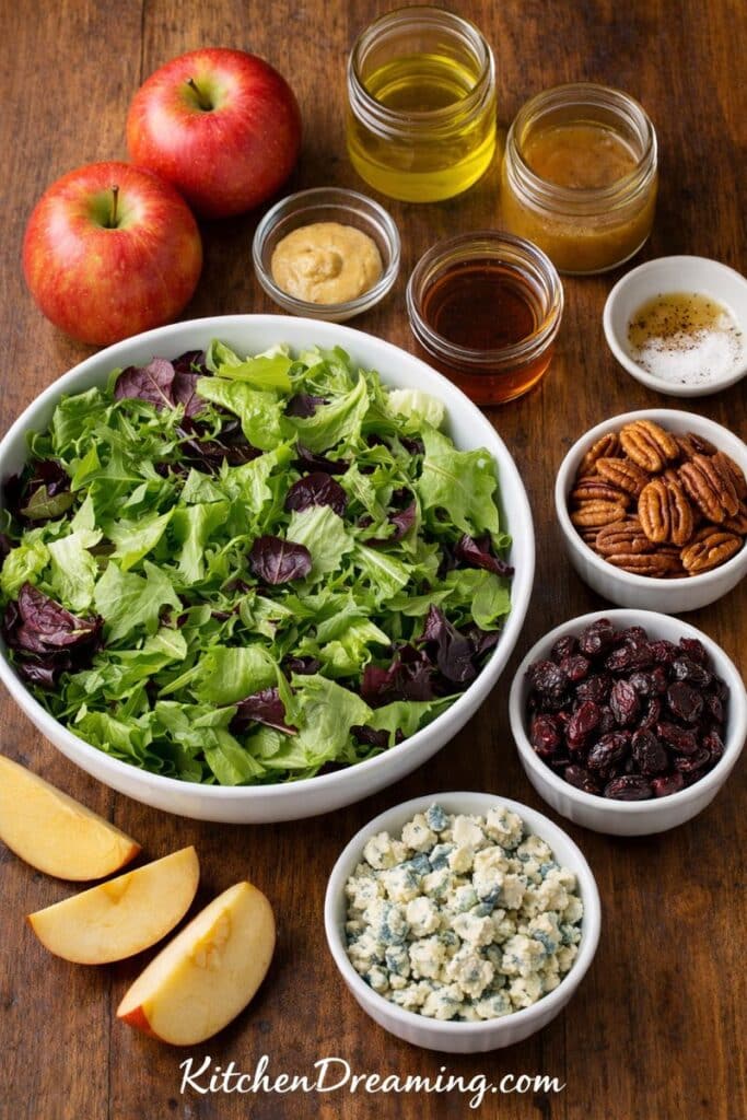 Ingredients for apple vinaigrette salad, including salad greens, apples, pecans, dried fruit, blue cheese, olive oil, and apple cider vinegar.
