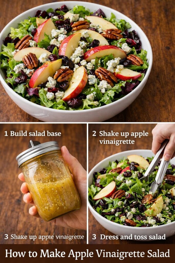 Step-by-step collage showing how to make apple vinaigrette salad, including shaking dressing in a jar and tossing salad with tongs.
