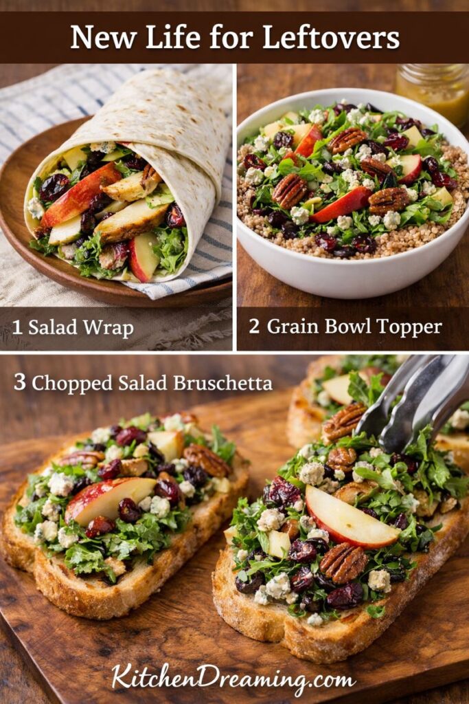 Collage of apple vinaigrette salad leftovers repurposed as a wrap, a grain bowl topper, and chopped salad bruschetta on toast.
