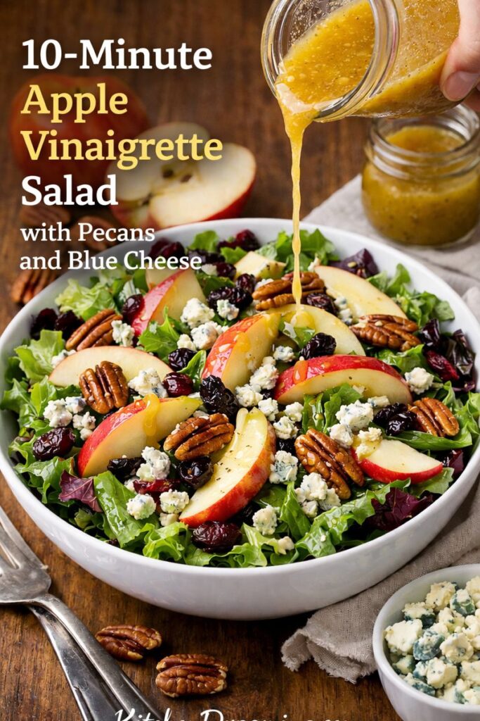 Apple vinaigrette salad with sliced apples, pecans, dried fruit, and blue cheese in a bowl, drizzled with apple cider vinaigrette.