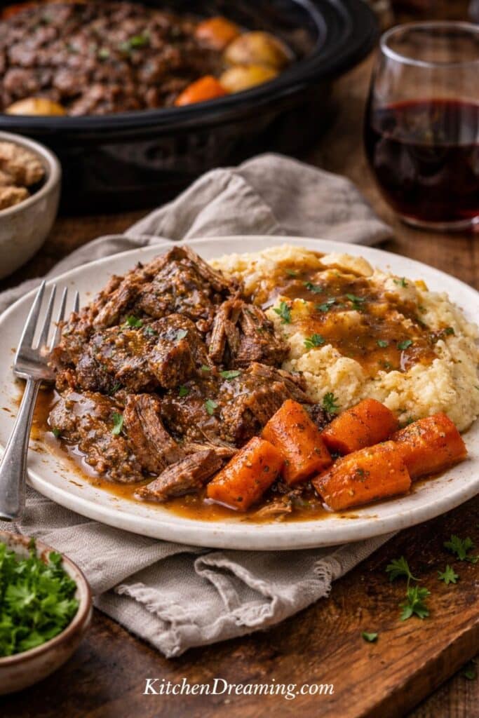 Crock pot pot roast on a plate with tender chuck roast, potatoes, carrots, and rich brown gravy.