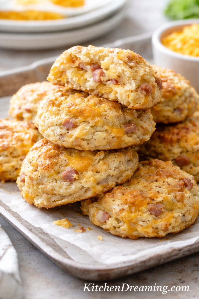 Ham and Cheese Drop Biscuits (Easy Breakfast Biscuit Recipe) 1 ham and cheese drop biscuits stacked with melted cheese and ham pieces on tray
