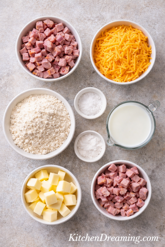 Ham and Cheese Drop Biscuits (Easy Breakfast Biscuit Recipe) 2 ingredients for ham and cheese drop biscuits including flour butter ham and cheese.