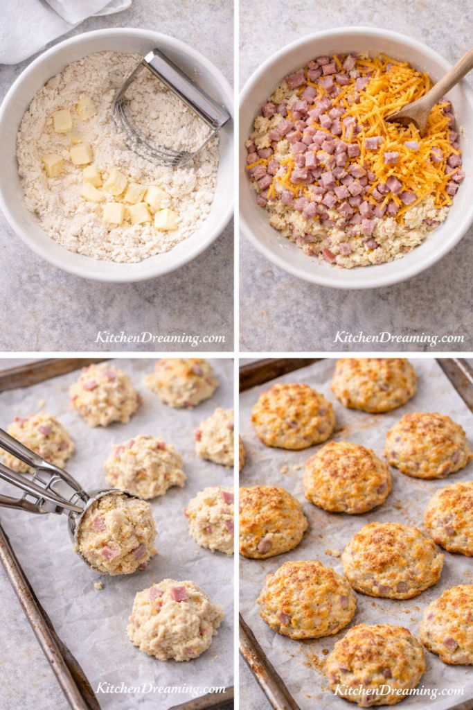 Ham and Cheese Drop Biscuits (Easy Breakfast Biscuit Recipe) 3 how to make ham and cheese drop biscuits step by step collage mixing scooping baking