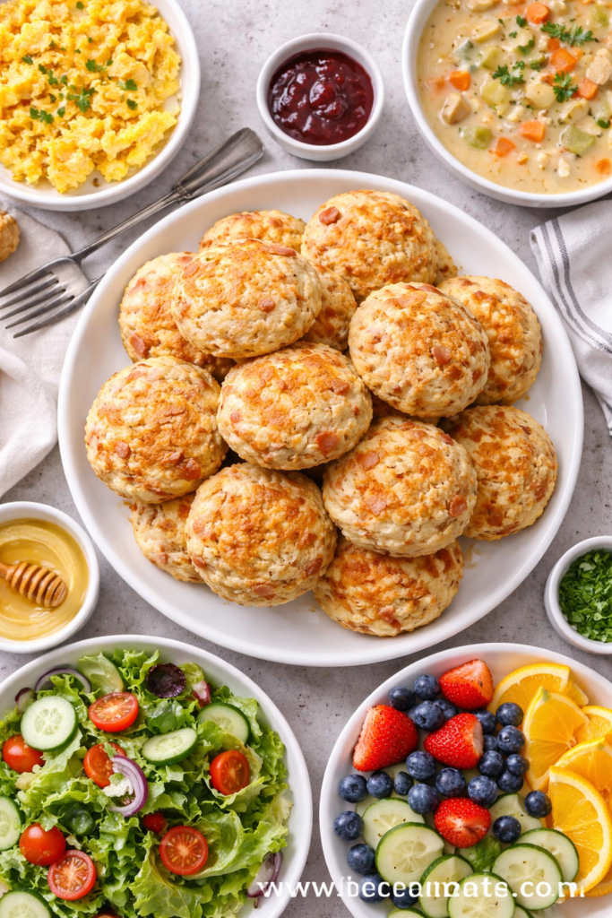 Ham and Cheese Drop Biscuits (Easy Breakfast Biscuit Recipe) 4 ham and cheese drop biscuits served with eggs fruit and breakfast sides