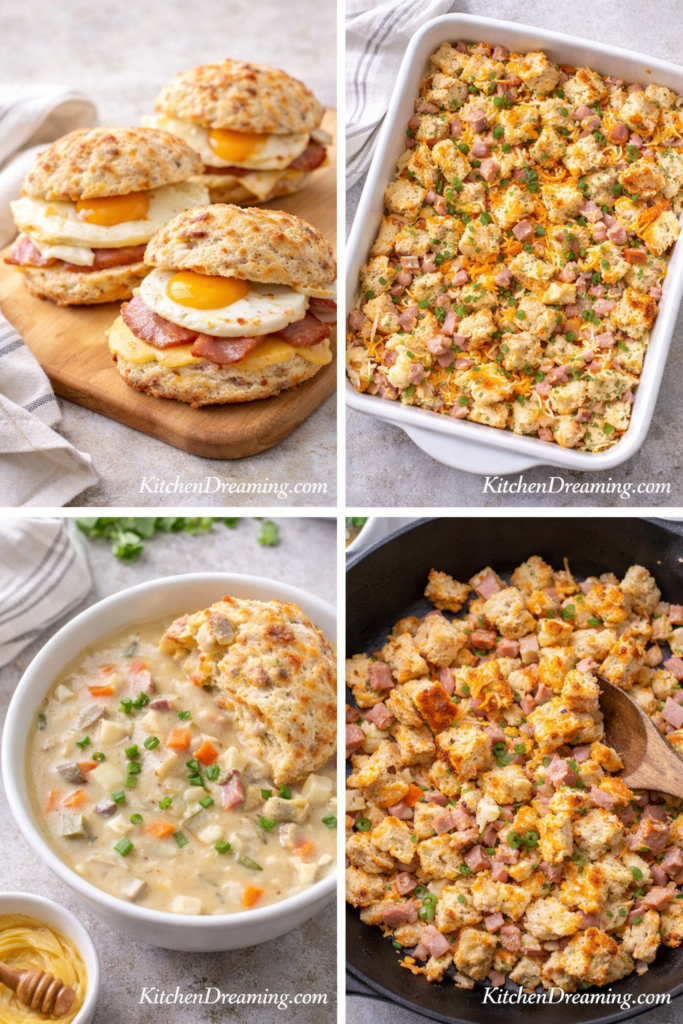 Ham and Cheese Drop Biscuits (Easy Breakfast Biscuit Recipe) 5 leftover ham and cheese drop biscuits used for breakfast sandwich and casserole
