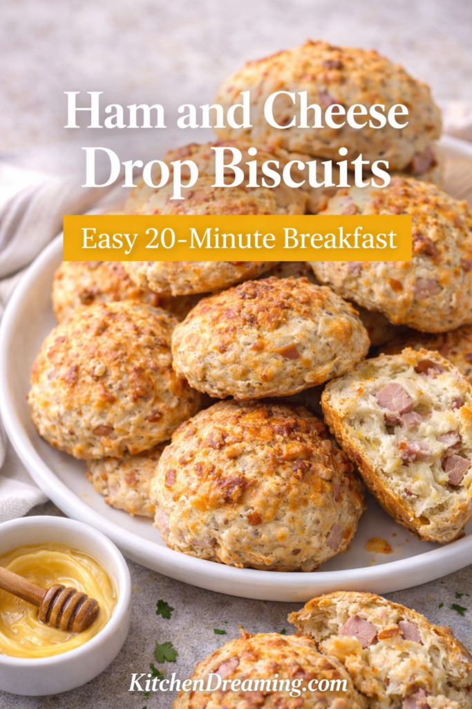 Ham and Cheese Drop Biscuits (Easy Breakfast Biscuit Recipe) 12 ham and cheese drop biscuits served with eggs fruit and breakfast sides