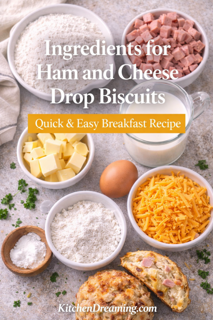 Ham and Cheese Drop Biscuits (Easy Breakfast Biscuit Recipe) 11 ingredients for ham and cheese drop biscuits including flour butter ham and cheese