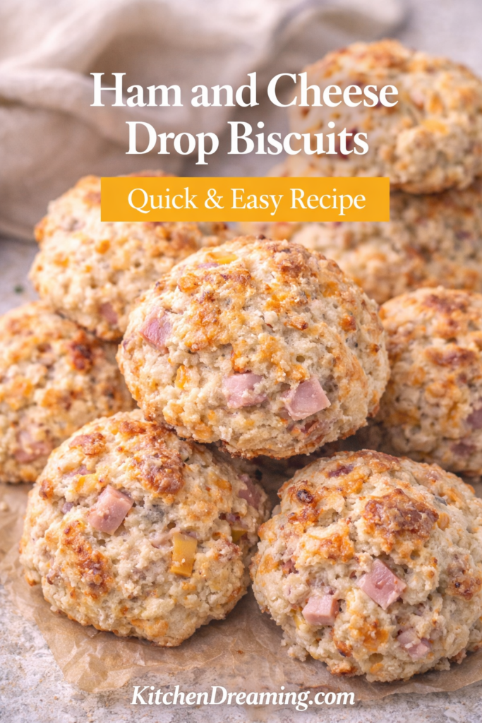 Ham and Cheese Drop Biscuits (Easy Breakfast Biscuit Recipe) 9 ham and cheese drop biscuits stacked with melted cheese and ham pieces