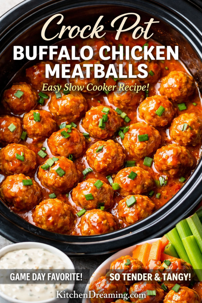 Crock Pot Buffalo Chicken Meatballs Recipe (Easy Slow Cooker Appetizer) 9 Buffalo chicken meatballs recipe in a crock pot with buffalo sauce and green onions.
