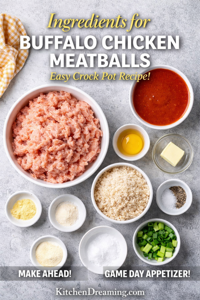 Crock Pot Buffalo Chicken Meatballs Recipe (Easy Slow Cooker Appetizer) 10 Buffalo chicken meatballs recipe ingredients including ground chicken, breadcrumbs, egg, and buffalo sauce.