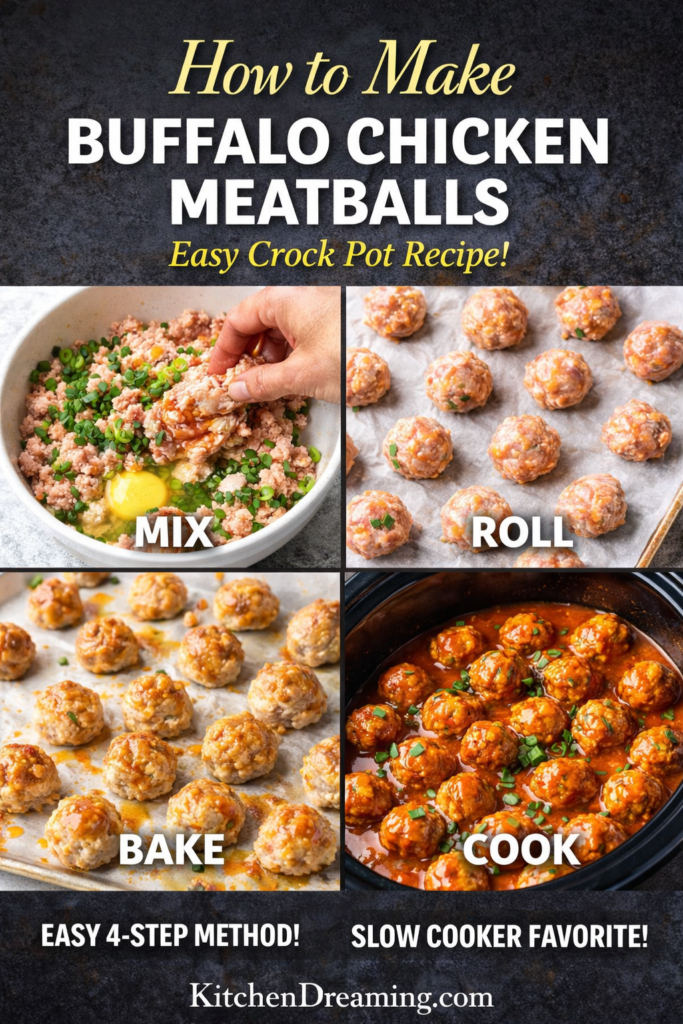 Crock Pot Buffalo Chicken Meatballs Recipe (Easy Slow Cooker Appetizer) 11 Buffalo chicken meatballs recipe step by step with mixing, rolling, baking, and slow cooking.