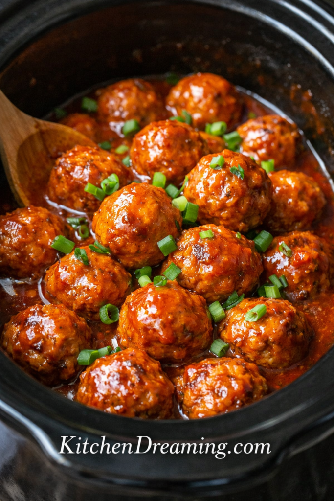 buffalo chicken meatballs recipe simmering in crock pot with rich buffalo sauce
