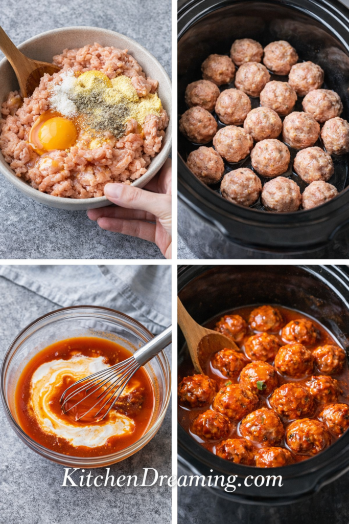 Crock Pot Buffalo Chicken Meatballs Recipe (Easy Slow Cooker Appetizer) 3 buffalo chicken meatballs recipe step by step showing meatballs rolled baked and added to crock pot.