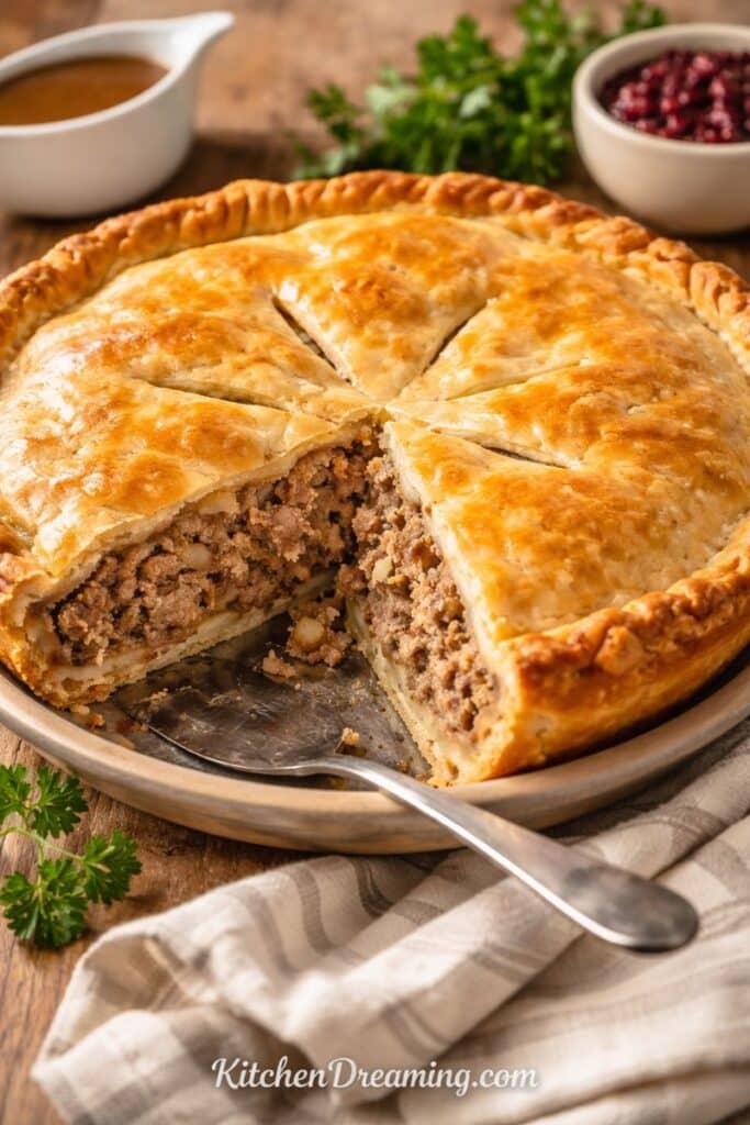 Mémère’s tourtière recipe baked in a golden double-crust pie, sliced to show the French-Canadian meat pie filling.