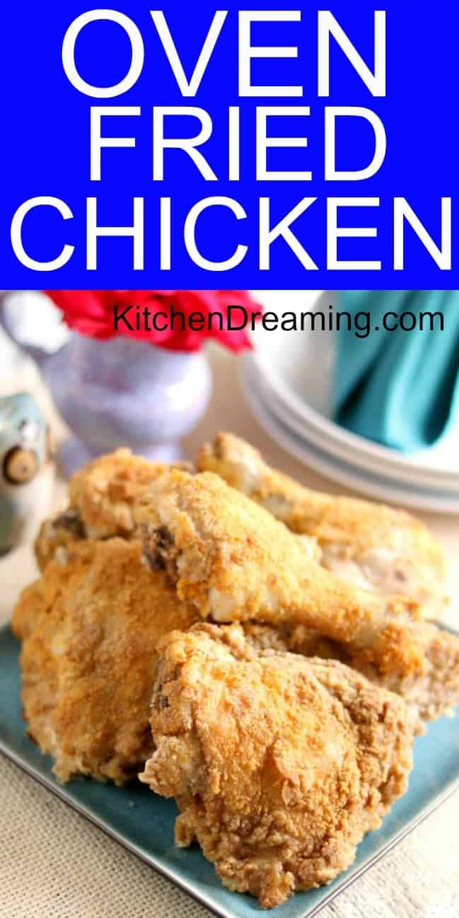 A Pinterest pinnable image of a plate of oven fried chicken.