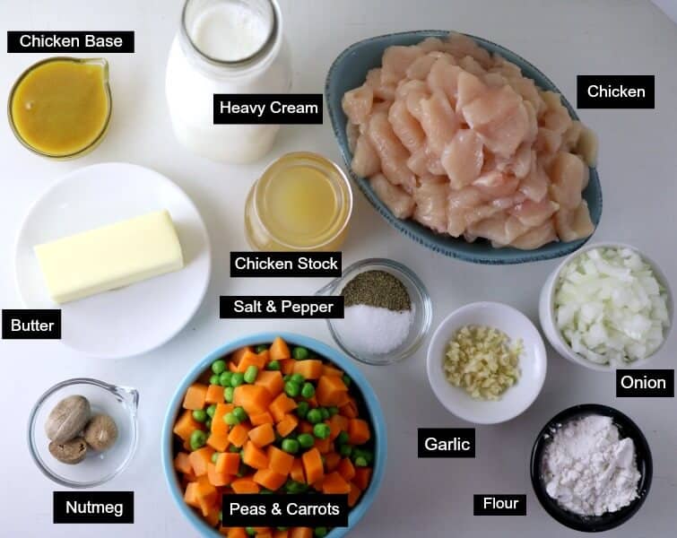 An overhead shot of the ingredients needed to make Chicken Pot Pie Soup.
