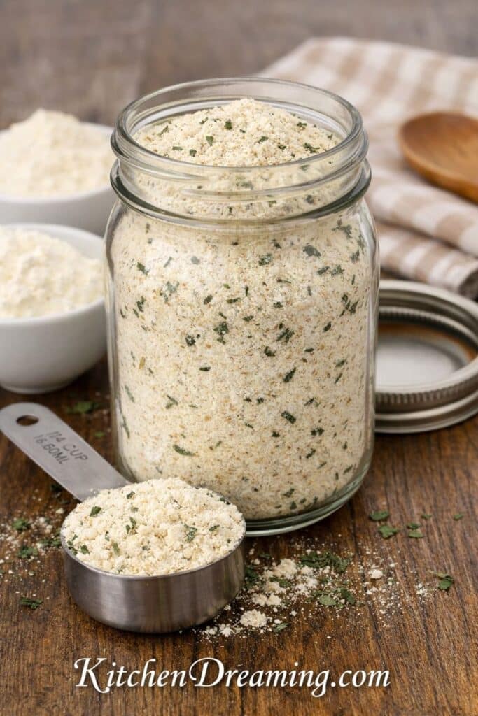 Homemade condensed soup mix stored in a jar as a pantry substitute for canned soup.