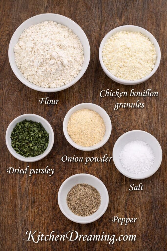 Dry pantry ingredients measured for homemade condensed soup mix (easy canned soup substitute).