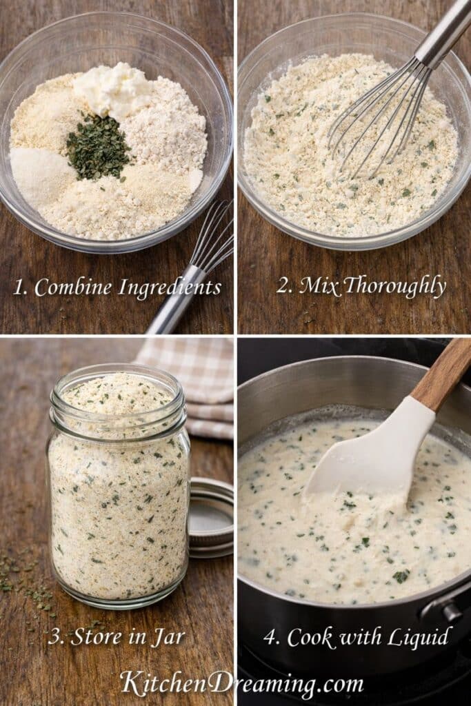 Mixing homemade condensed soup mix until evenly combined for smooth reconstituted soup.