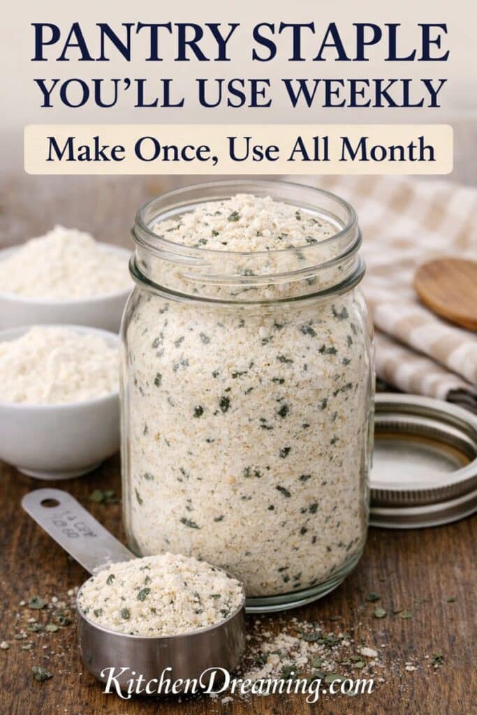 Vertical Pinterest graphic featuring a jar of homemade condensed soup mix with measuring cup and pantry ingredients, labeled as a make-ahead pantry staple used weekly in family meals.