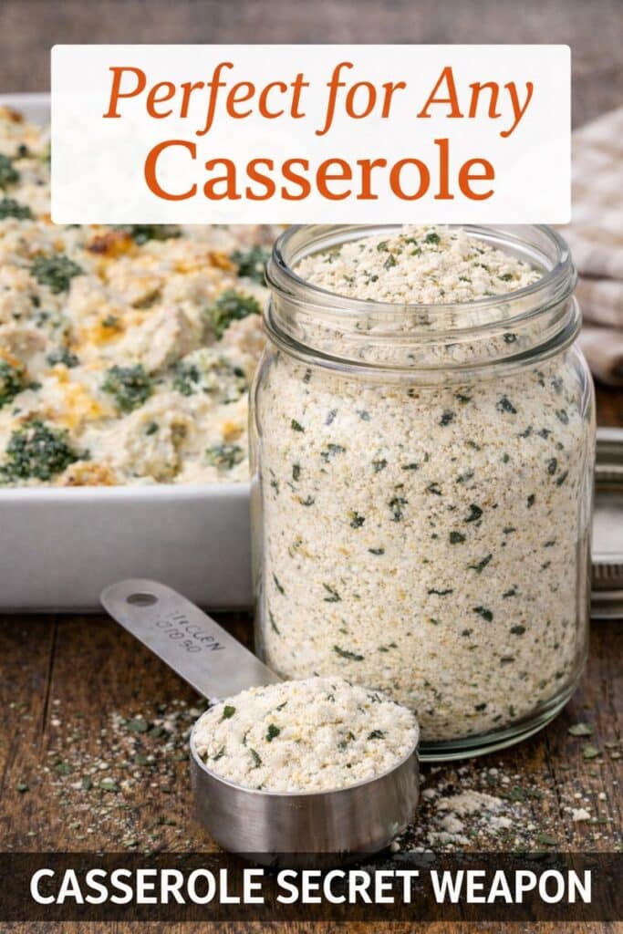 Homemade condensed soup mix shown with a scoop and casserole as a secret weapon for easy dinners.