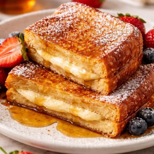 Cream cheese stuffed french toast with golden crust and creamy cheesecake-style filling, served warm with powdered sugar and maple syrup