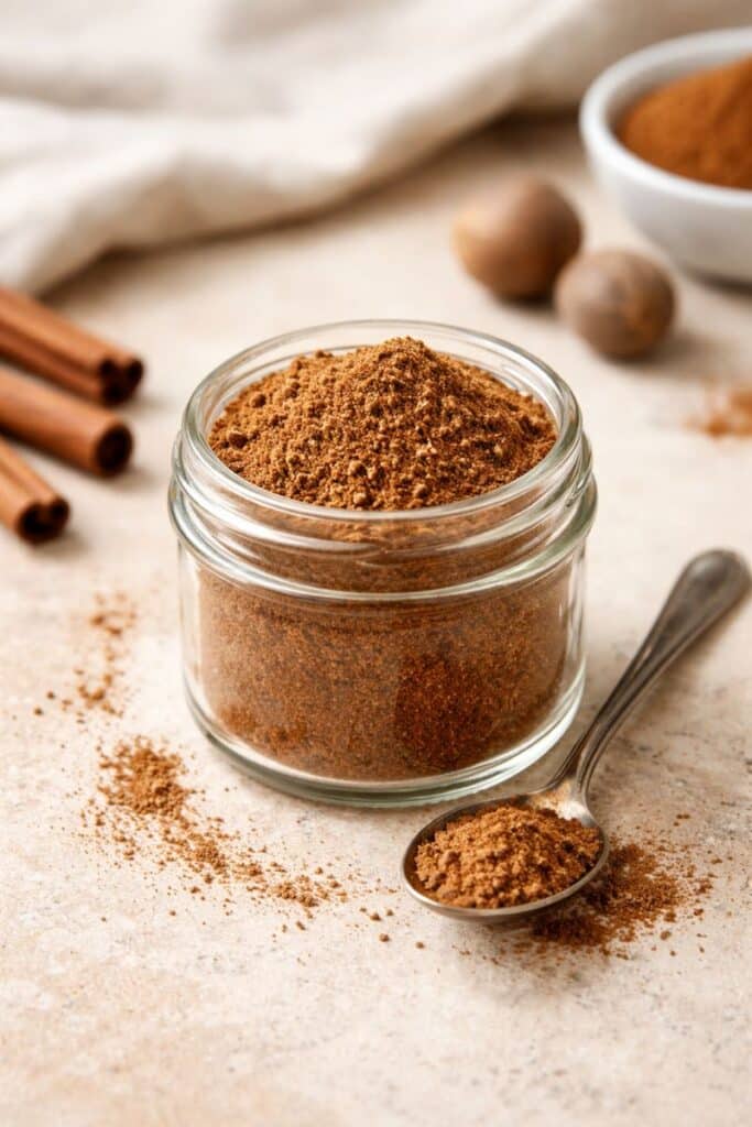 Homemade Pumpkin Pie Spice Blend in a glass jar with a spoon on a neutral countertop.