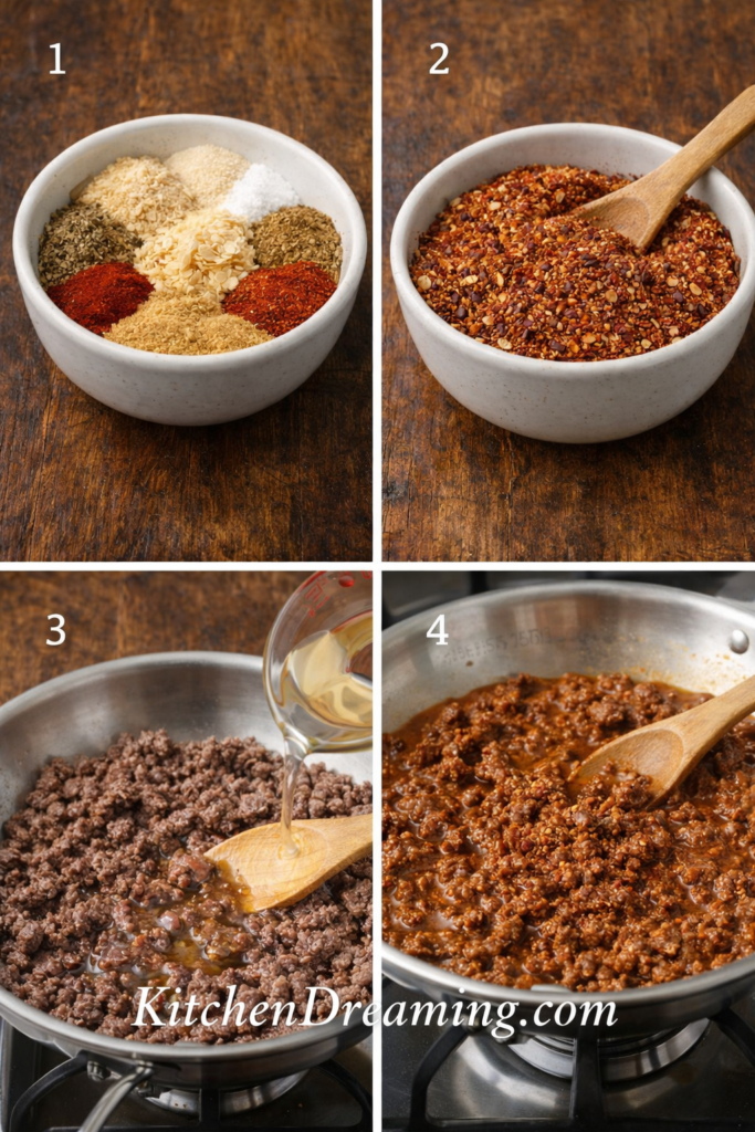 Homemade Taco Seasoning Recipe No MSG Easy Pantry Blend 2 Four step collage showing homemade taco seasoning, mixing spices, browning ground beef, adding water, and simmering taco meat.