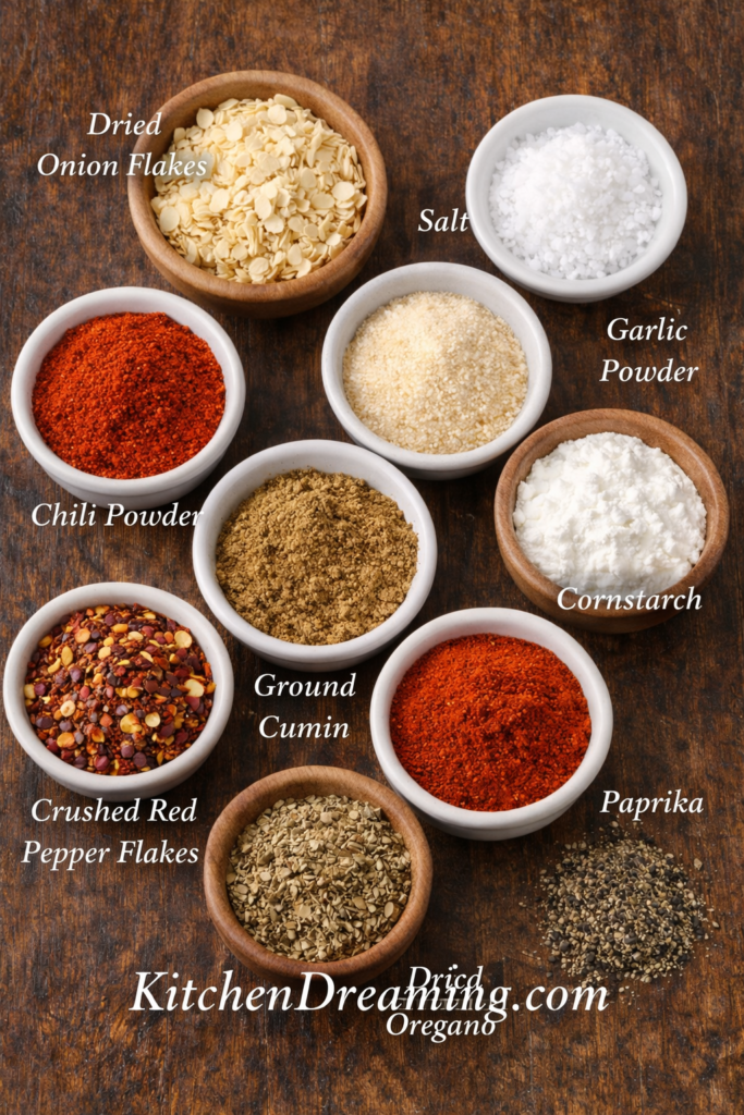 Homemade Taco Seasoning Recipe No MSG Easy Pantry Blend 3 Labeled flat lay of homemade taco seasoning ingredients for a DIY taco spice mix, including chili powder, cumin, garlic powder, and oregano.