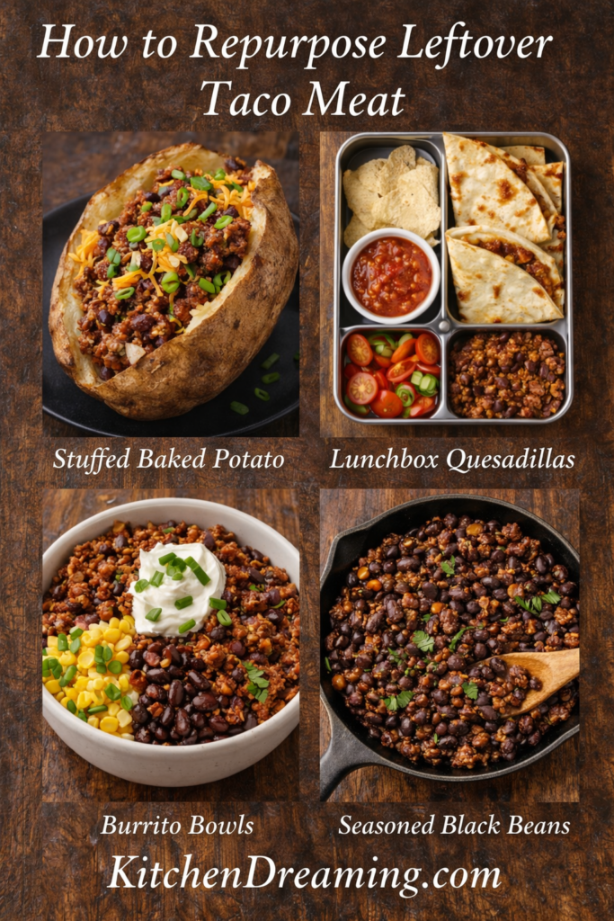 Homemade Taco Seasoning Recipe No MSG Easy Pantry Blend 4 Collage of leftover taco meat ideas made with homemade taco seasoning, including stuffed baked potato, quesadillas, burrito bowls, and seasoned beans.
