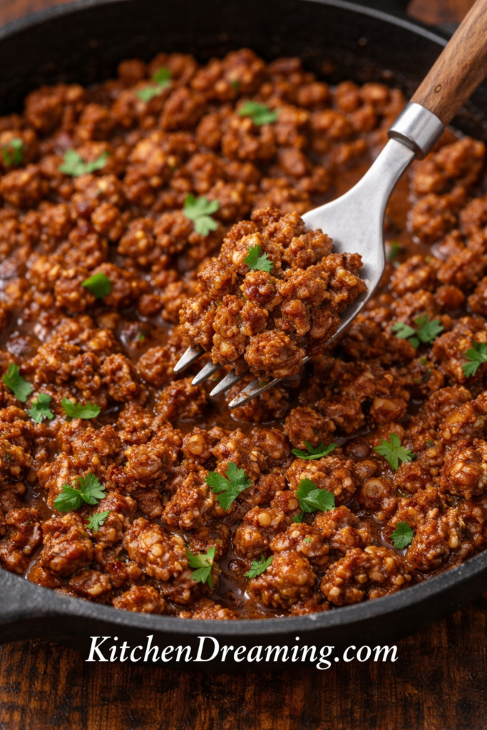 Homemade Taco Seasoning Recipe No MSG Easy Pantry Blend 5 Close up of saucy taco meat made with homemade taco seasoning, fork lifting a bite from a skillet showing thick texture.