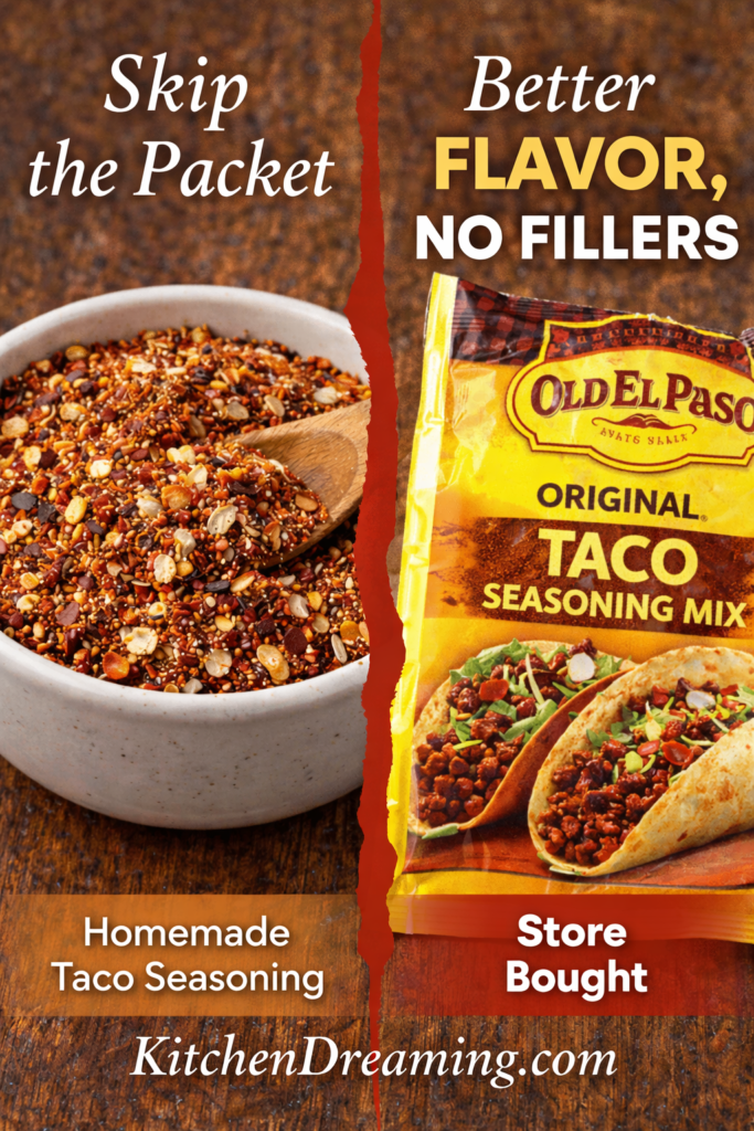 Homemade Taco Seasoning Recipe No MSG Easy Pantry Blend 9 Side by side image of homemade taco seasoning and store bought taco seasoning packet comparison.