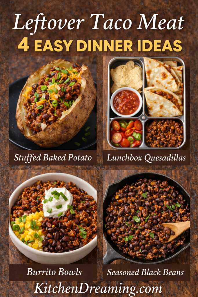 Homemade Taco Seasoning Recipe No MSG Easy Pantry Blend 11 Collage of leftover taco meat ideas made with homemade taco seasoning including baked potato, quesadillas, bowls, and beans.