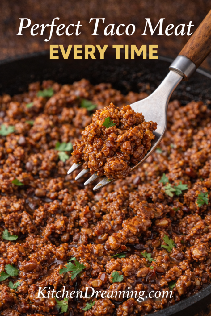 Homemade Taco Seasoning Recipe No MSG Easy Pantry Blend 12 Close up fork bite of saucy taco meat made with homemade taco seasoning in skillet.